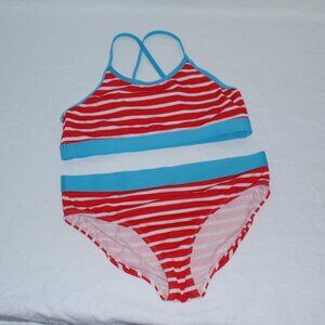 Lands End Girls Striped Red Swimsuit Set Bikinis Sz 14 2pc